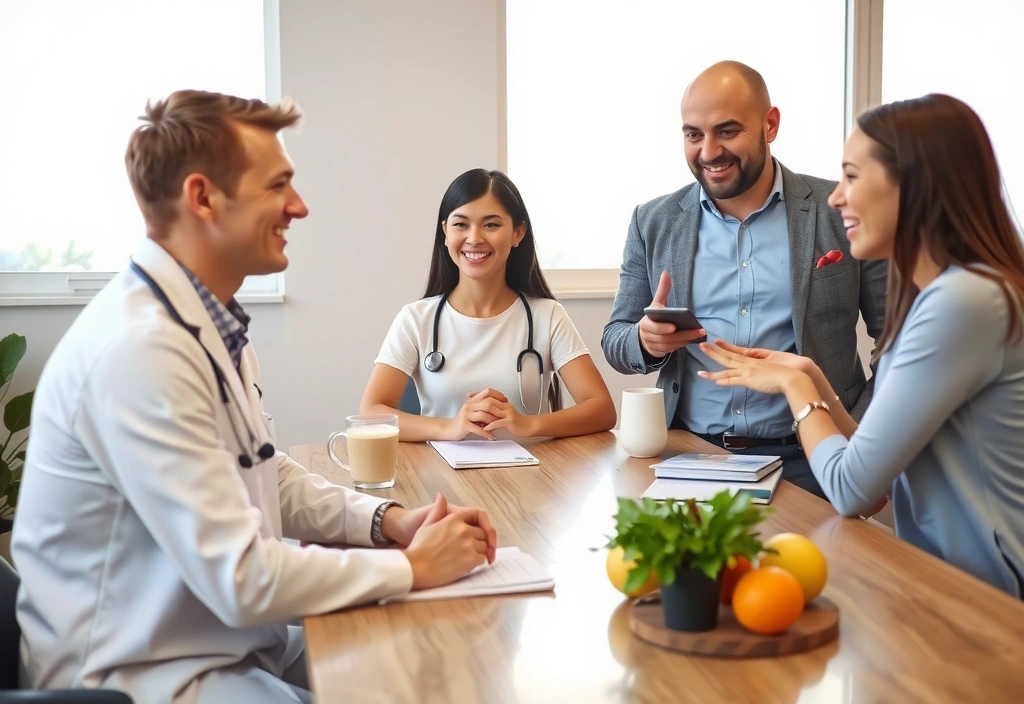 Echipa zâmbind și discutând despre sănătatea naturală