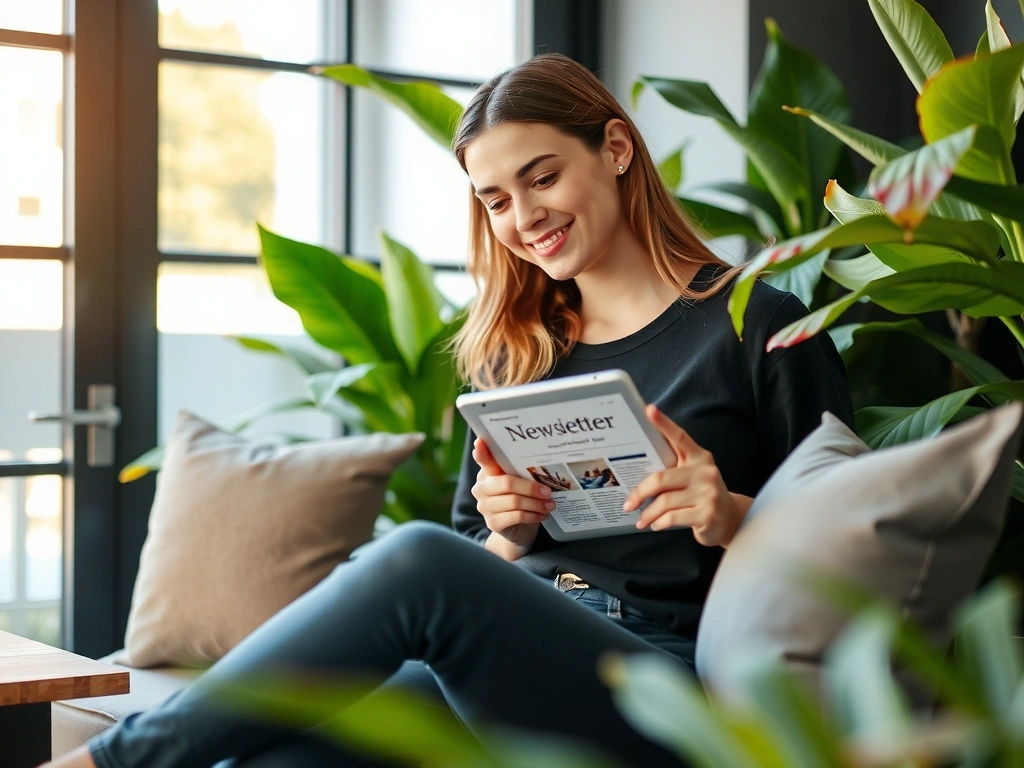 Persoană citind un newsletter pe tabletă, înconjurată de plante