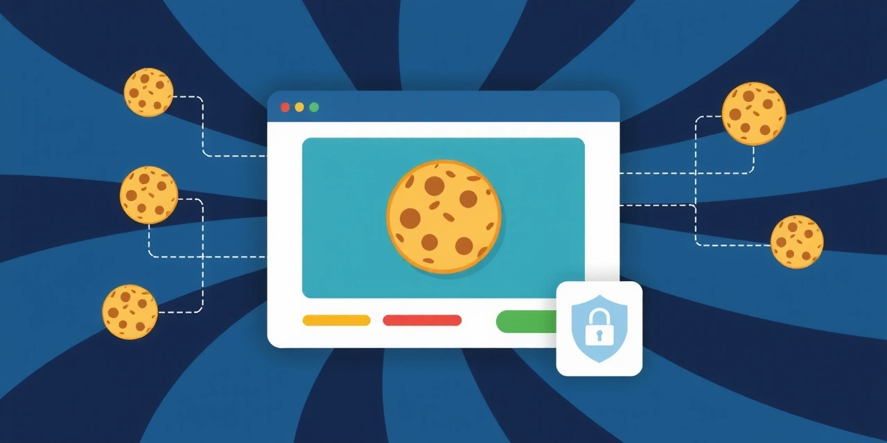 Ilustrație a unui browser web cu simboluri de cookie-uri și confidențialitate