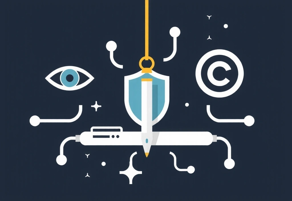Imagine conceptuală a proprietății intelectuale, cu simboluri de copyright și un creion stilizat